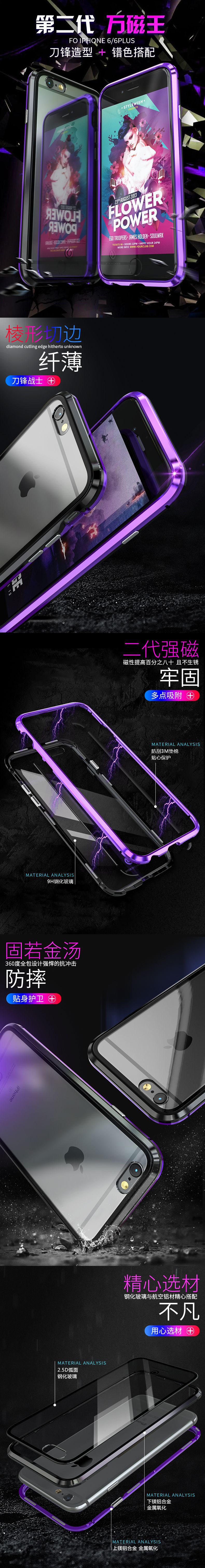 GINMIC Magneto Sword Magnetic Absorption Aluminum Metal Bumper Tempered Glass Back Cover Case for Apple iPhone 6S Plus/6 Plus & iPhone 6S/6