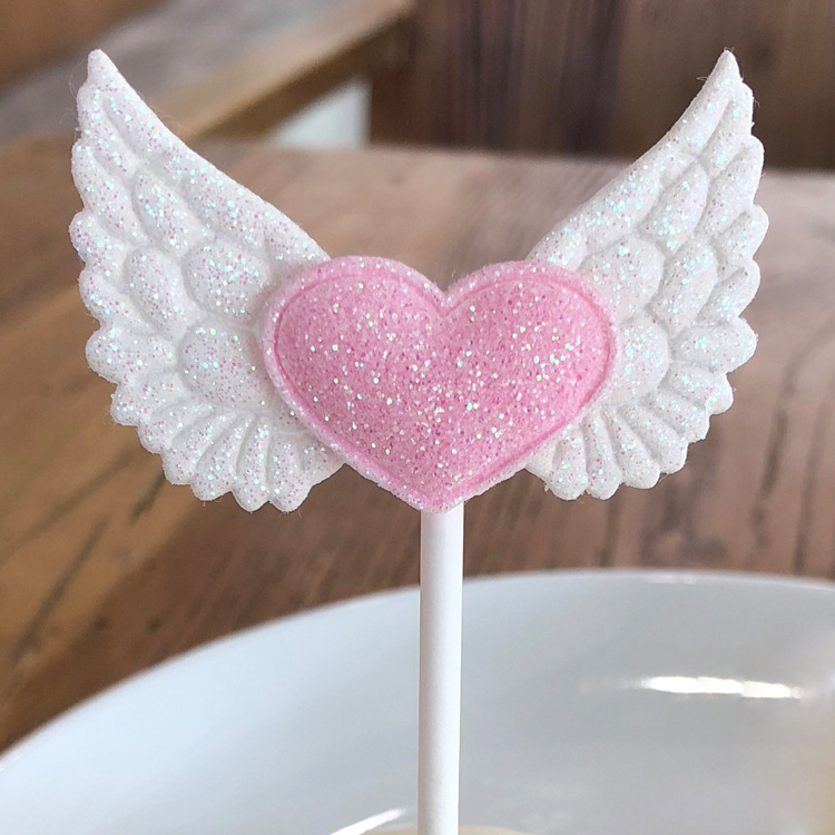 蛋糕插牌 生日创意款蛋糕插旗天使的翅膀 璀璨粉色爱心插牌定制