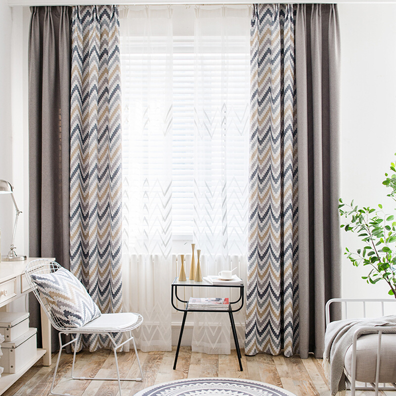 AB雙面拼接印花幾何菱形窗簾布料紗客廳臥室遮光成品挂鈎打孔定制