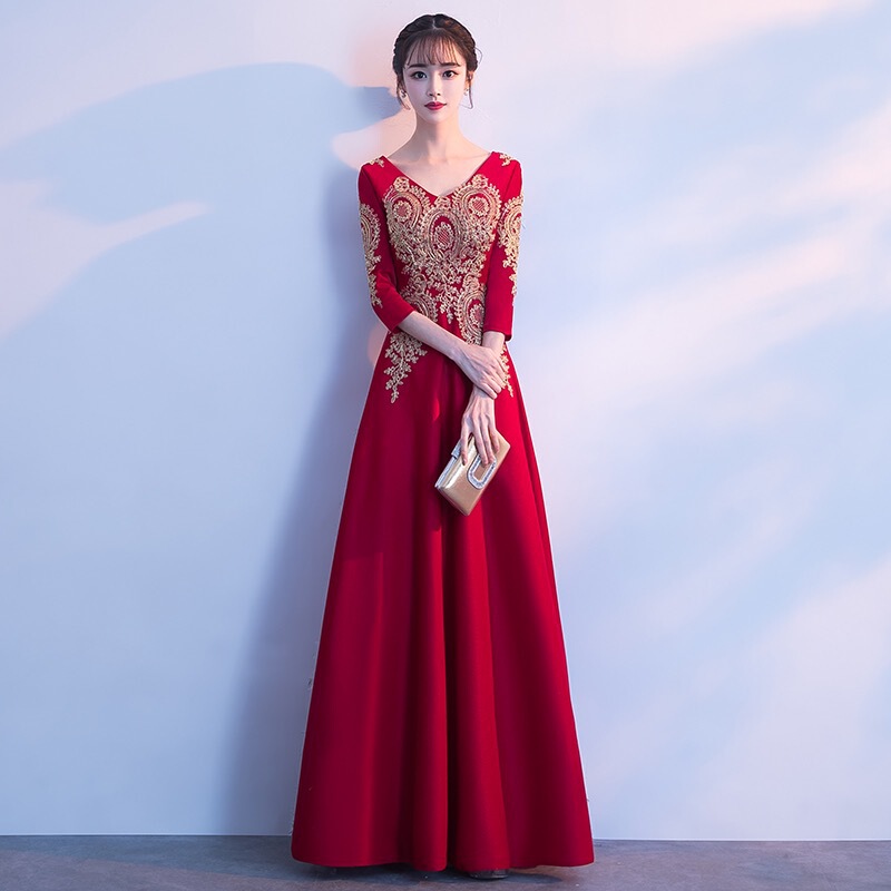 Evening Dresses cocktail party banquet dress vestido de banquete de cóctel Elegant red long sleeve pregnant woman Bridesmaid V-neck performance evening dress dress