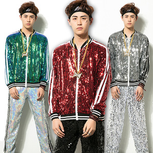 Men's youth green silver red sequined singers nightclub bar jazz dance jackets pants nightclub male hip-hop bar street rap dance outfits  DJ stage sequined costumes for male