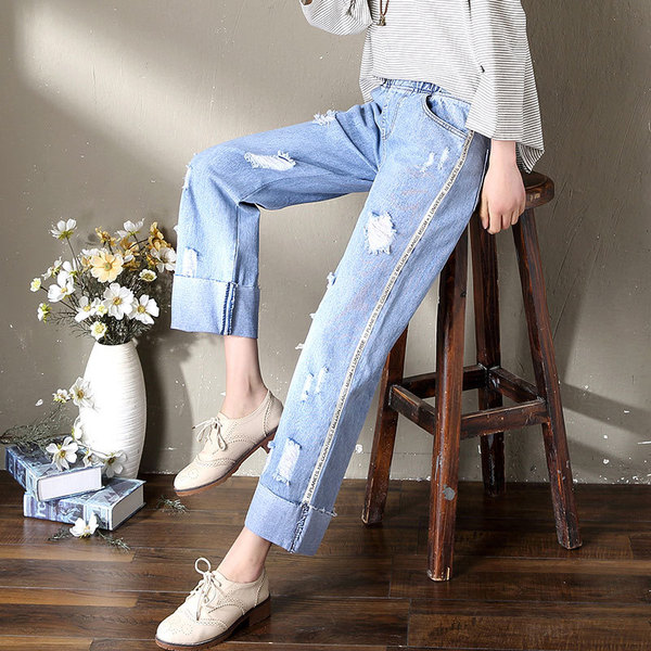 Loose Korean version of cowboy wide leg pants spring summer high
