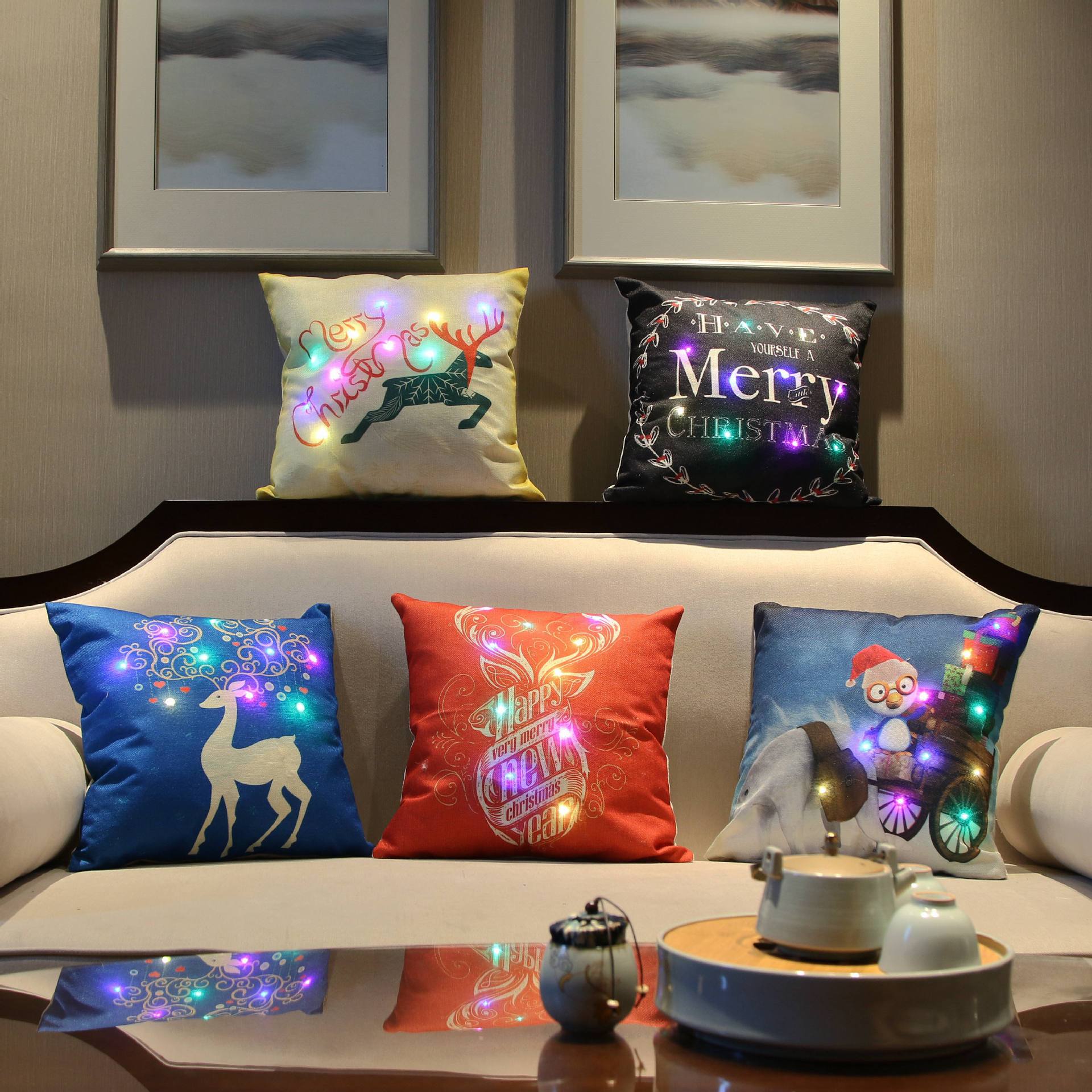 Led Christmas and New Year Theme Pillow Cushion Pillow Case Bar Cafe New Year's Day Christmas Decoration Gift