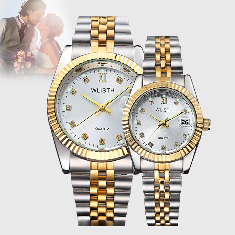 Couple watch pair fashion business waterproof quartz watch night light casual calendar steel with gold men and women table