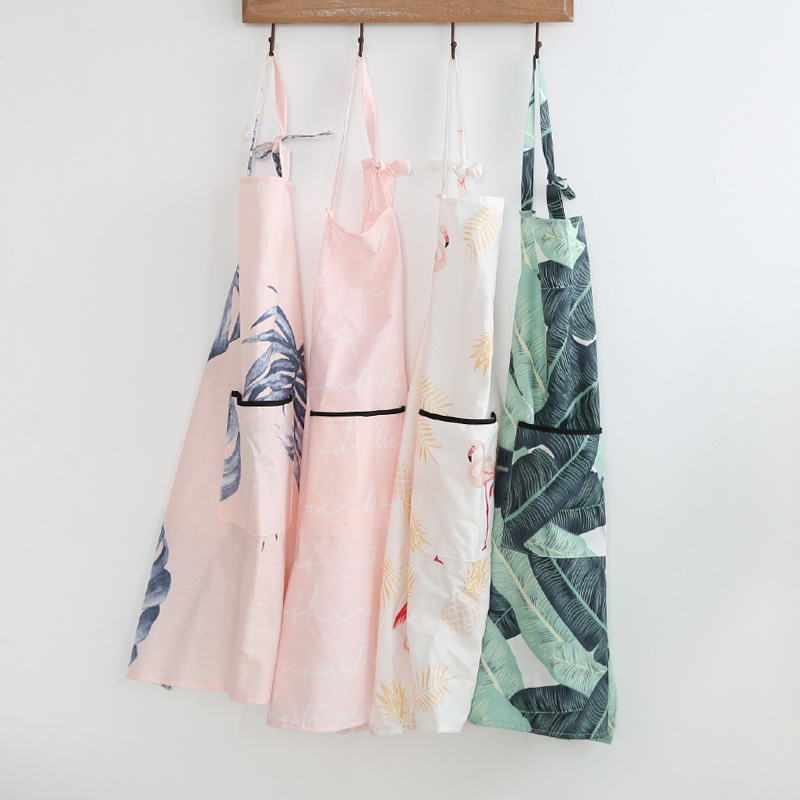 原創設計 北歐 夏季無袖圍裙 ins風少女心粉色清新芭蕉葉全棉圍裙