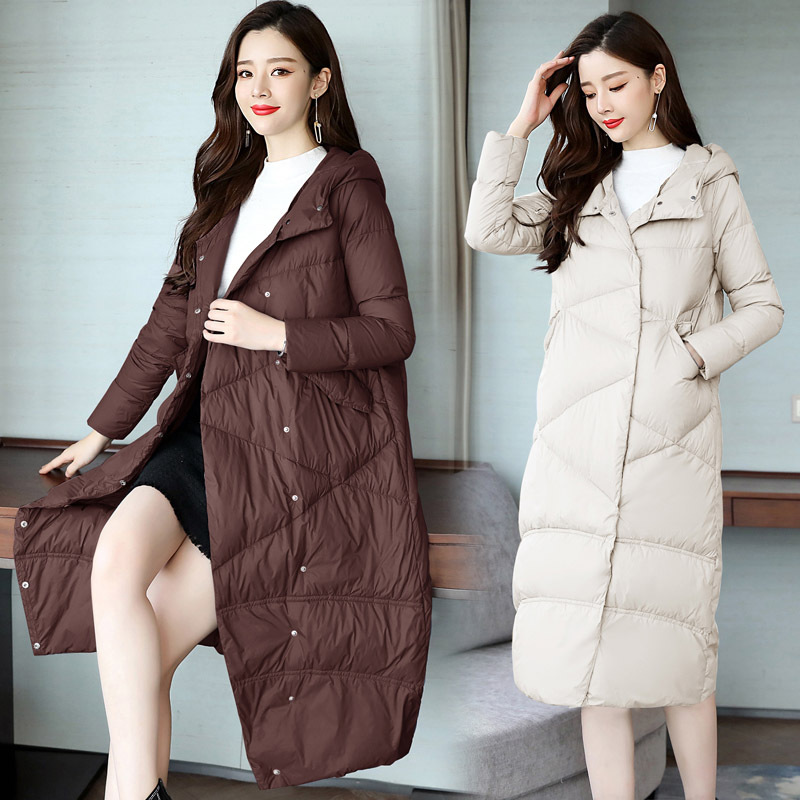 Down Jackets Women's wear Mid length version Overknee 2018 new pattern Korean Edition Light and thin Caramel White duck down Hooded coat Show thin