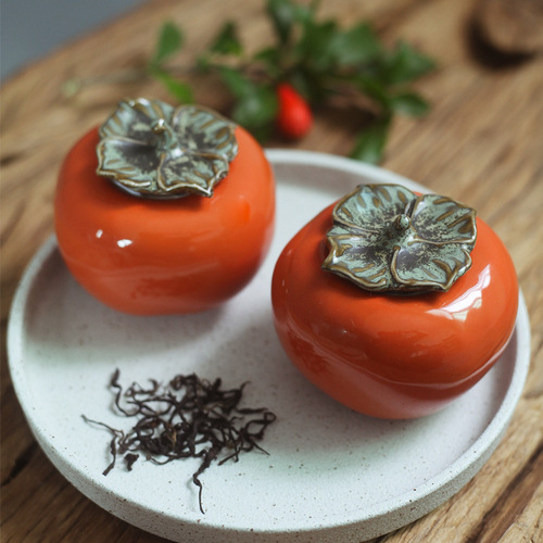 Gift box creative ceramic persimmon tea jar sealed jar small engraved persimmon Ruyi Pu'er tea warehouse home wholesale