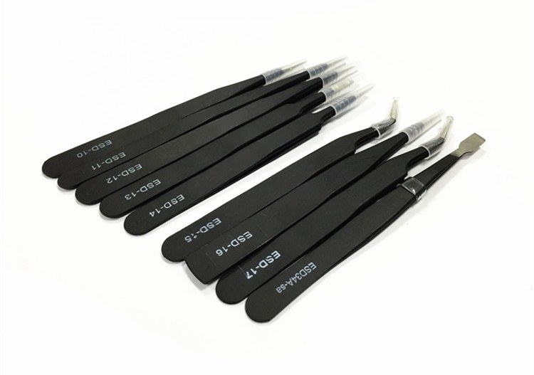 防静电镊子 黑色直头圆头弯头平头尖头ESD镊子9件套装