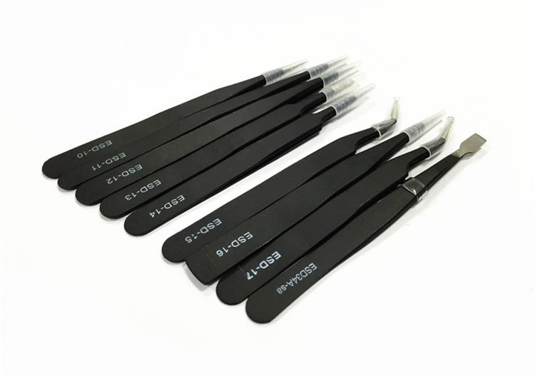 Антистатический Пинцет черный с прямой головкой и круглой головкой локоть с плоской головкой Острый Пинцет ESD костюм из 9 предметов