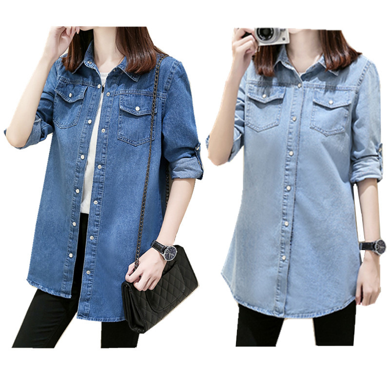 Spring and Autumn New plus size Denim Shirt Women's Long-sleeved Korean-style Mid-length Loose Thin Shirt All-match Casual Jacket Spring and Autumn New plus size Denim Shirt Women's Long-sleeved Korean-style Mid-length Loose Thin Shirt All-match Casual Jacket