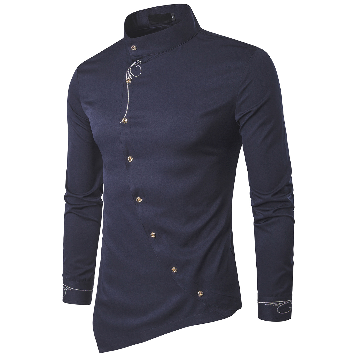 Trendy European Men's with British Style Youth Embroidery Personalized Oblique Access Control Irregular Xiusheng Shirt_vogarts.com