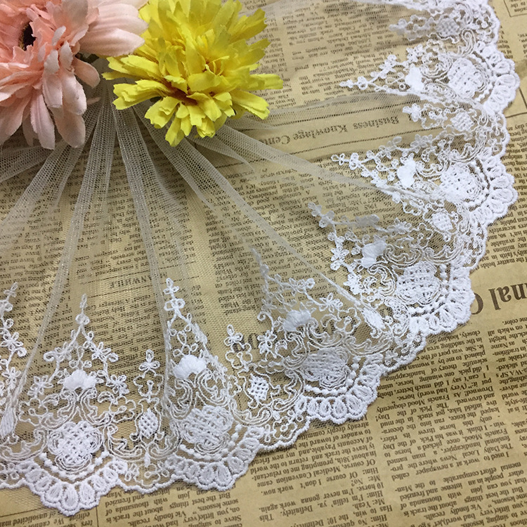 跨境网布花边条码棉线透明网蕾丝花边电脑绣花服装辅料宽18cm