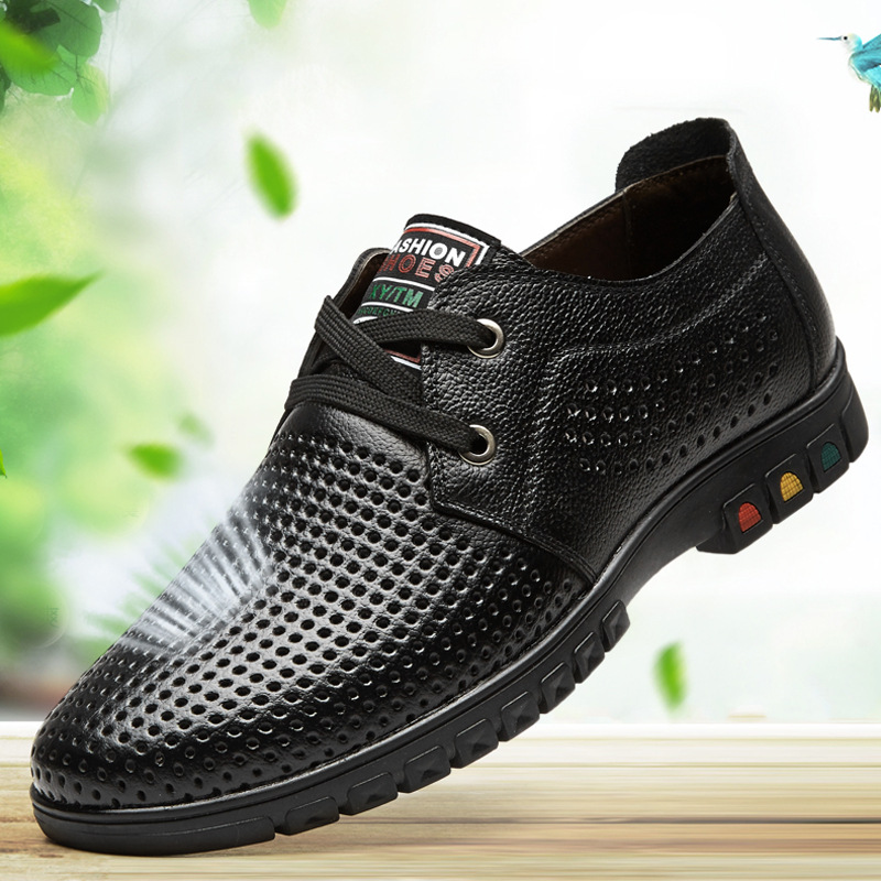 夏季2020涼鞋頭層牛皮休閑透氣男鞋镂空男新款洞洞鞋男士真皮涼鞋