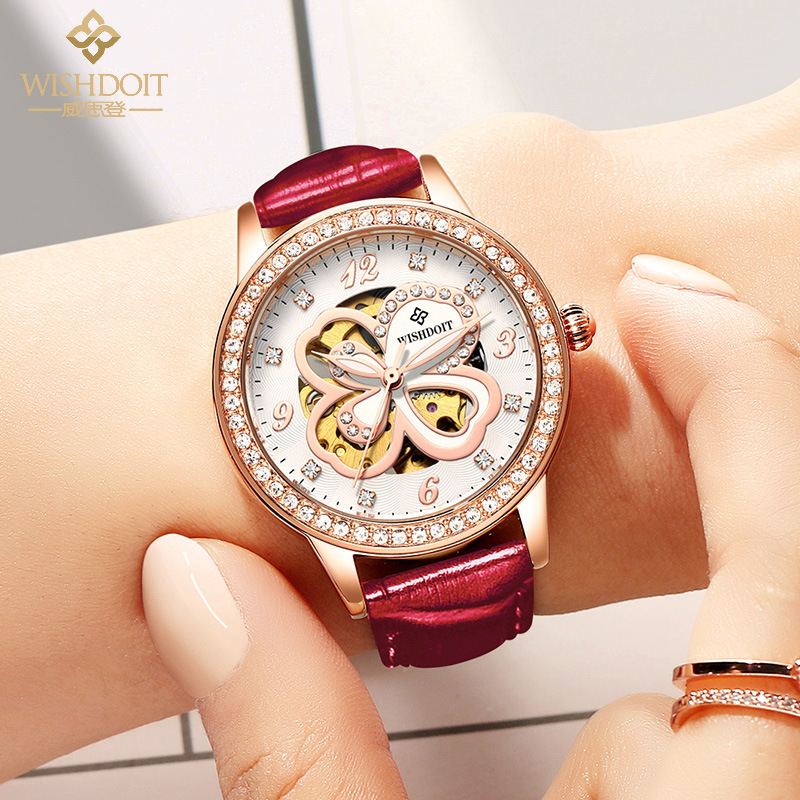 瑞士全自动机械表高档 手表女款时尚新款 四叶草夜光镶钻女士手表|ms