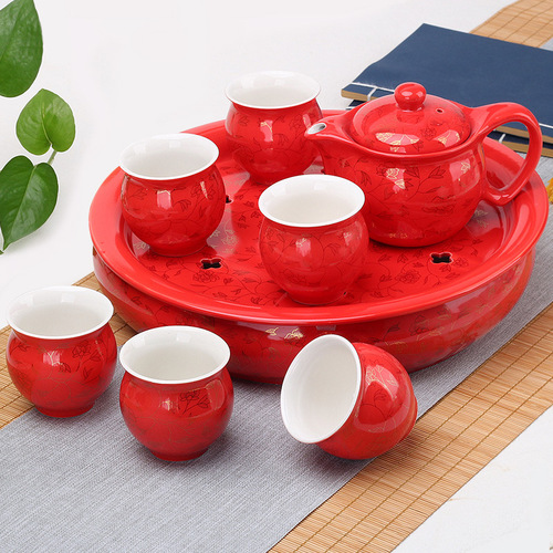 Double-layer insulated ceramic complete set, Kung Fu tea set, teapot, teacup, ice cracked Ru kiln tea tray, black tea, blue and white porcelain
