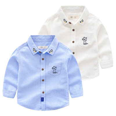 2018 Autumn Korean Edition Boutique children's clothing Boy children Solid Embroidery kitten Long sleeve shirt boy shirt wholesale