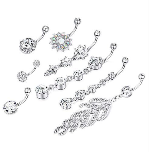 Amazon 8 Piece Stainless Steel Zircon Silver Navel Ring Set Body Piercing Jewelry Wholesale