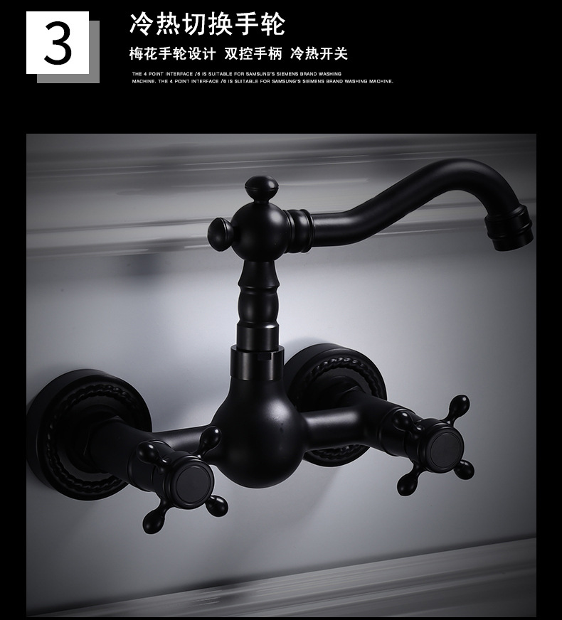 All-copper black European-style bathtub, hot and cold water faucets, bathroom hardware, built-in wall, balcony, 360-degree rotating faucet Item Picture