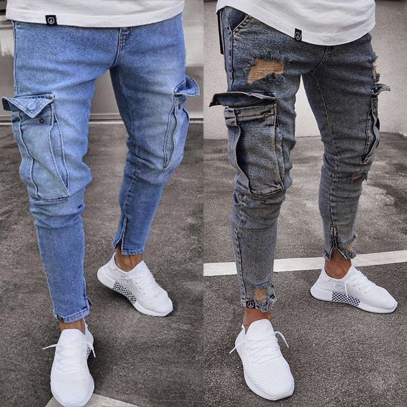 Jeans Men Pants Washed Solid Color Multi Pockets Denim Mid Waist Cargo Jeans Plus Size Fahsion Casual Trousers Male Daily Wear_voghion.com