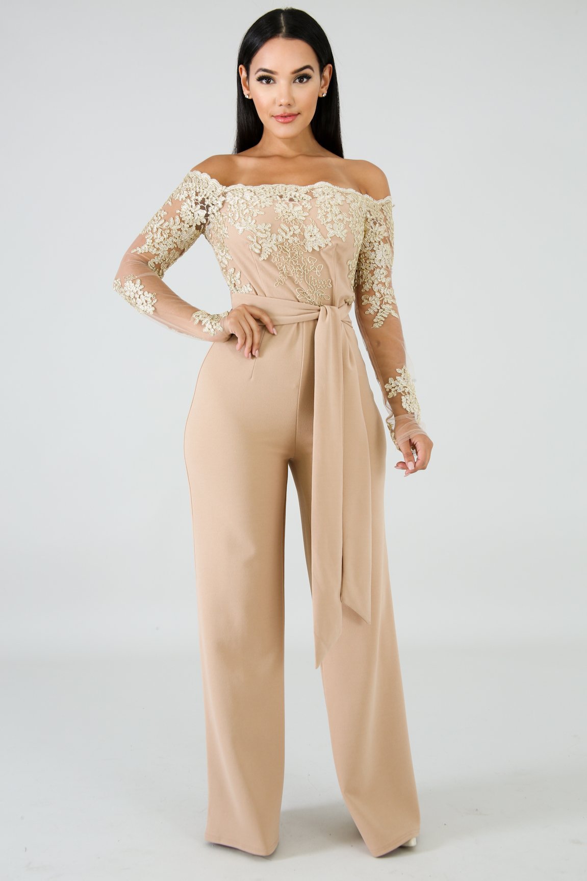 Casual Water-Soluble Lace One-Line Collar Wide-Leg Jumpsuit NSOSM65276