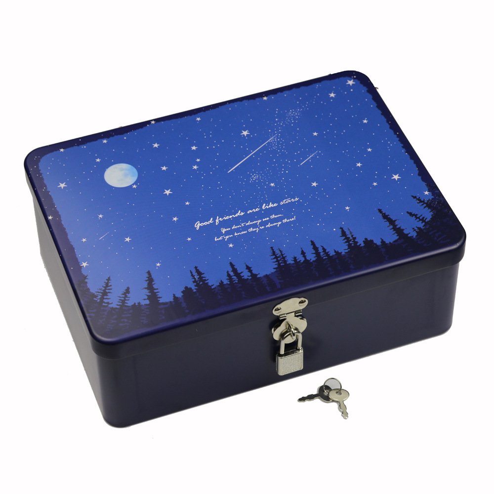 Caja metálica rectangular de tamaño mediano con cerradura, caja de hierro creativa para empaque de regalos, caja de regalo sellada de hojalata.