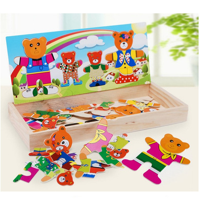 wooden  Toys children Toys Jigsaw puzzle Panel Four bears dressing YX293 Parent-child toys