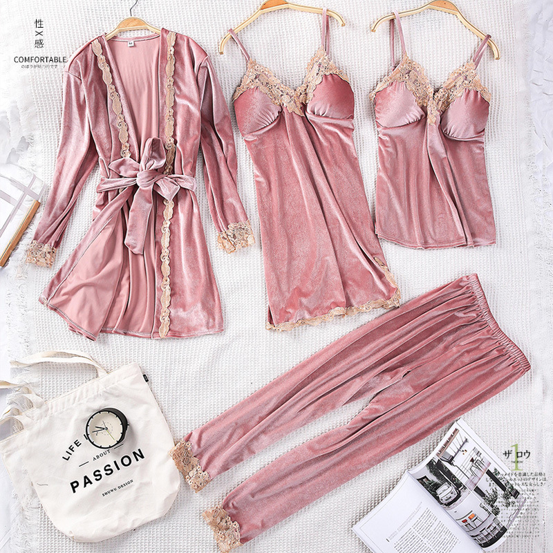 Autumn and Winter Velvet Women's Sling Nightgown Sexy Gold Velvet Four-piece Set Long Nightgown with Chest Pad Home Clothes Autumn and Winter Velvet Women's Sling Nightgown Sexy Gold Velvet Four-piece Set Long Nightgown with Chest Pad Home Clothes