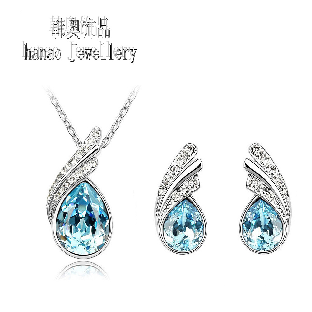 Estilo coreano joyería de moda gota de agua de moda pendientes de cristal collar de clavícula Cadena de dos piezas conjunto traje-aleteo