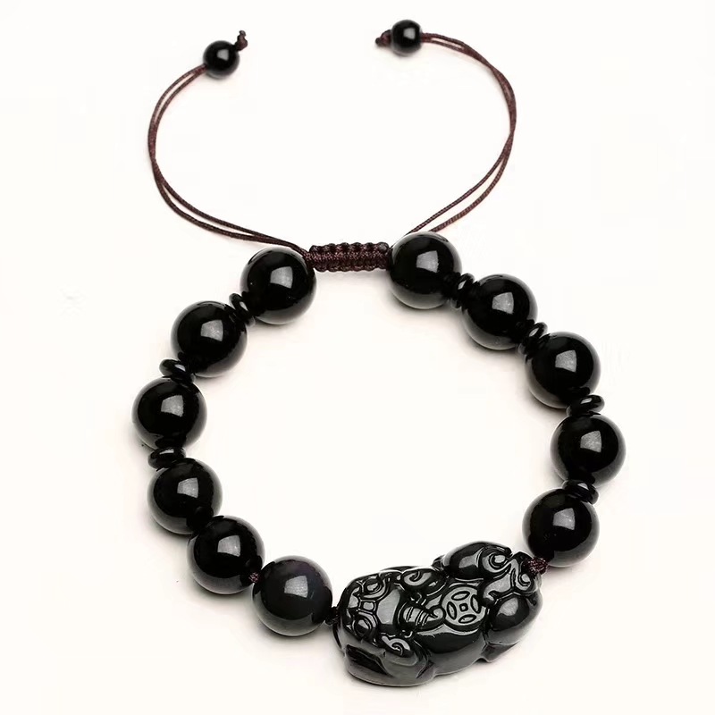 厂家直销天然黑曜石貔貅手链 手工编织男女款猫眼 彩虹眼貔貅手链