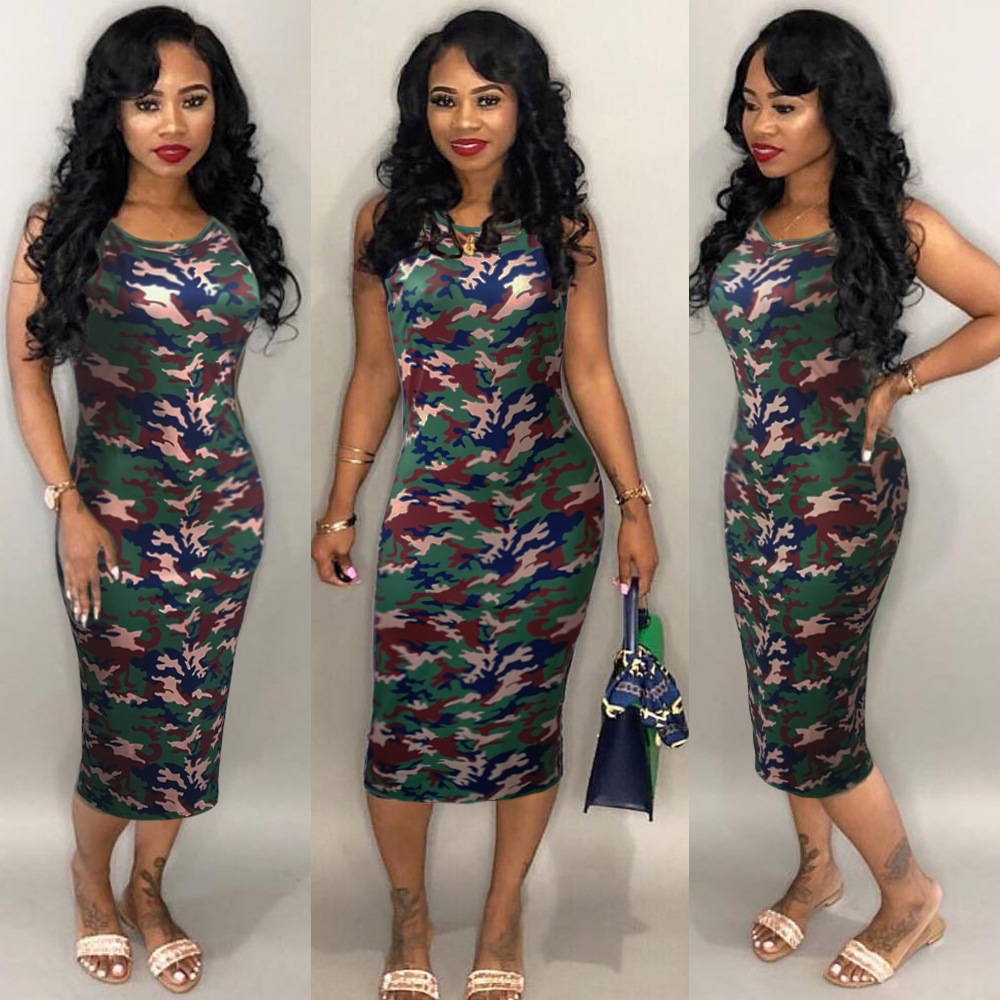 5160跨境女装 亚马逊wish2020新款性感迷彩无袖背心连衣裙