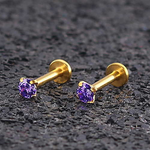 European and American fashionable titanium steel round cake straight barbell four-claw colored zircon tongue nail lip nail ear bone nail titanium steel piercing jewelry