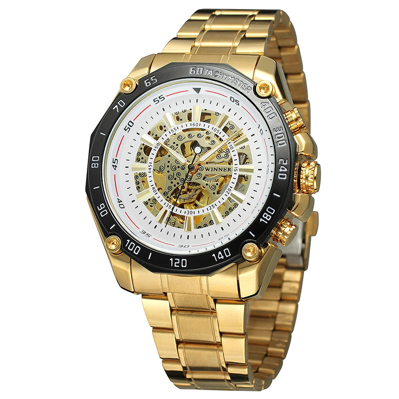 Venta caliente de los hombres de T-WINNER427 casual reloj mecánico automático hueco-fuera de la correa de acero inferior transparente reloj de negocios mecánico