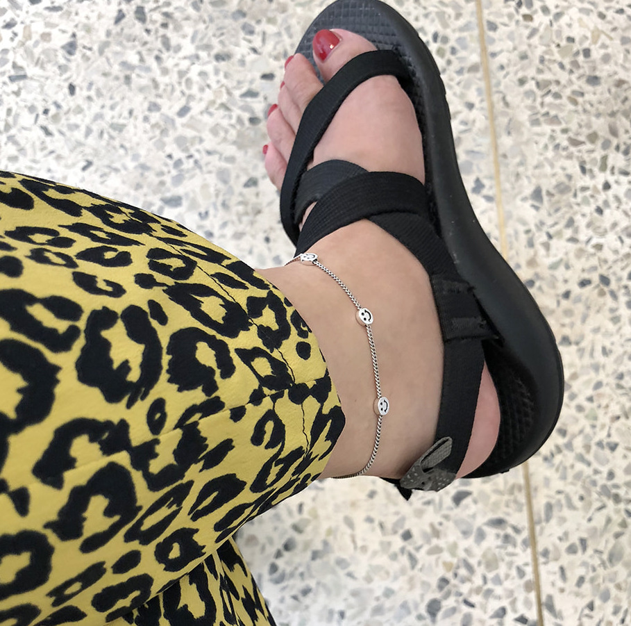 潮福猫 韩国韩版S925纯银锁链复古脚链粗款脚饰个性笑脸脚链脚饰