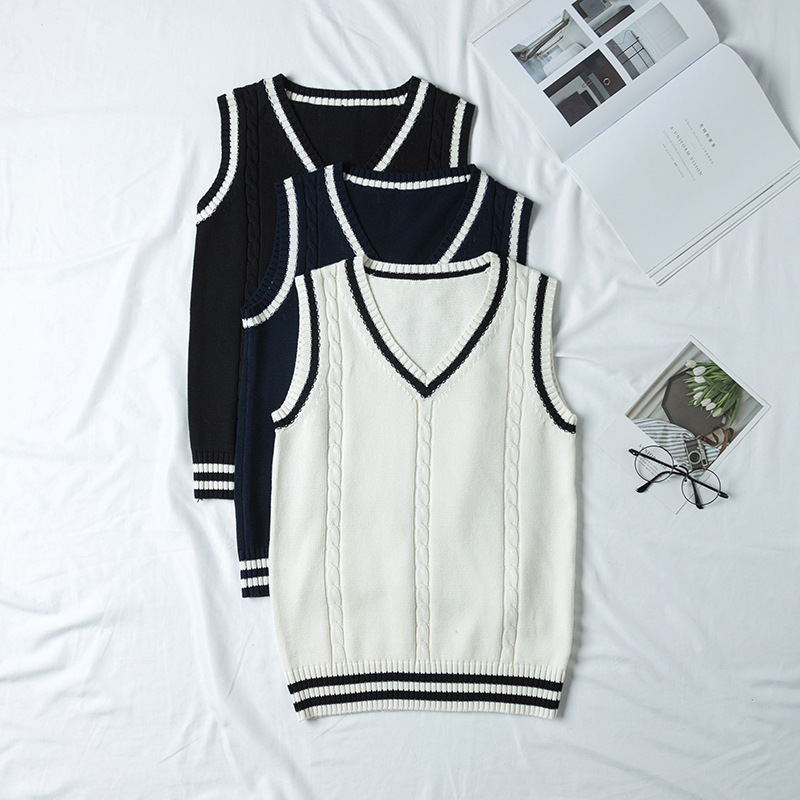 British Preppy Style Jk Cable Knit Sweater Vest V-Neck Unisex Student School Uniform Knitted Vest Retro Style