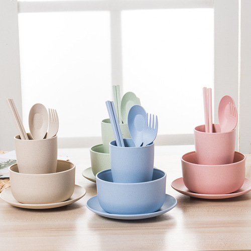 Eco-friendly plastic wheat straw tableware set, portable spoon, fork, and chopsticks set of three, wheat bowl, plate, and dish set of six