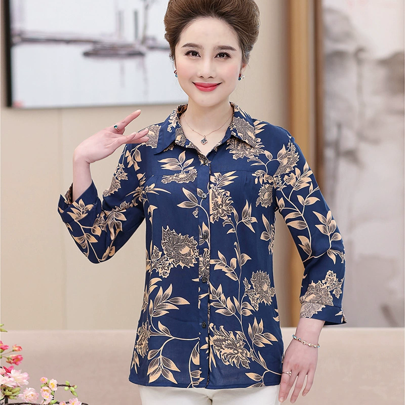 Весенняя новая хлопковая рубашка для матери, женская одежда среднего и пожилого возраста с принтом больших размеров, весенне-осенняя рубашка для бабушки с длинными рукавами