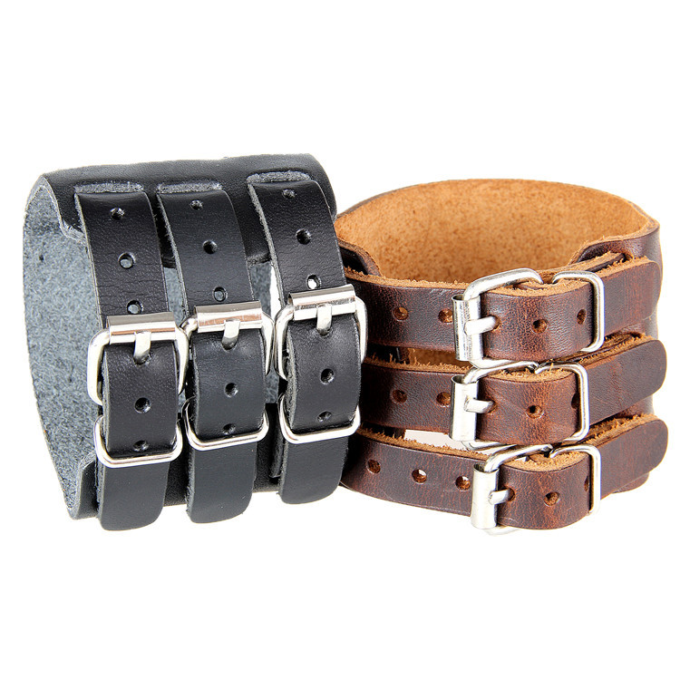 European and American Punk Men's Wide Leather Bracelet Three-belt Leather Bracelet Martial Arts Performance Exaggerated Wide Leather Bracelet