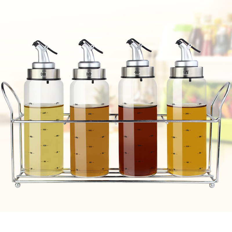 Engrasador de vidrio botella de aceite traje vinagre olla condimento caja condimento tarro hogar suministros de cocina con estante de almacenamiento