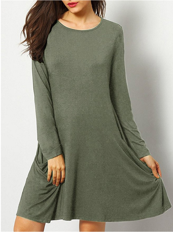 Loose A Line Dress with Large Pockets Long Sleeve Round Neck Spring Fashion Wholesale Available
