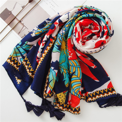 Sun protection shawl for women, summer ethnic style cotton and linen silk scarf, printed tassel tulle scarf, travel beach towel, sunshade scarf