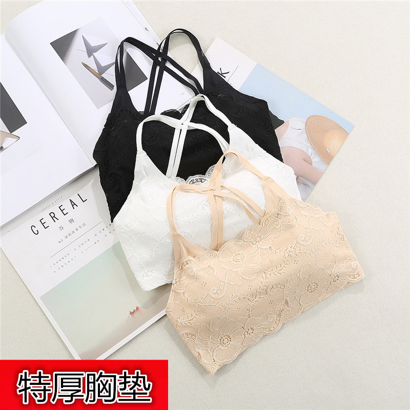 蕾丝美背透气无痕裹胸抹胸带加厚胸垫运动瑜珈内衣打底吊带背心女|ms