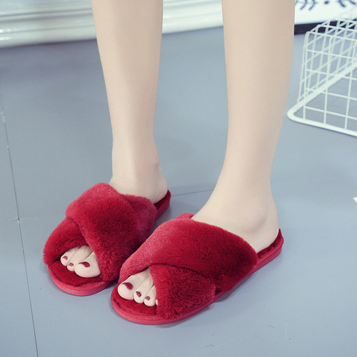 Cross furry slippers for women winter foreign trade Amazon large size indoor plush flat floor slippers open toe warm cotton slippers