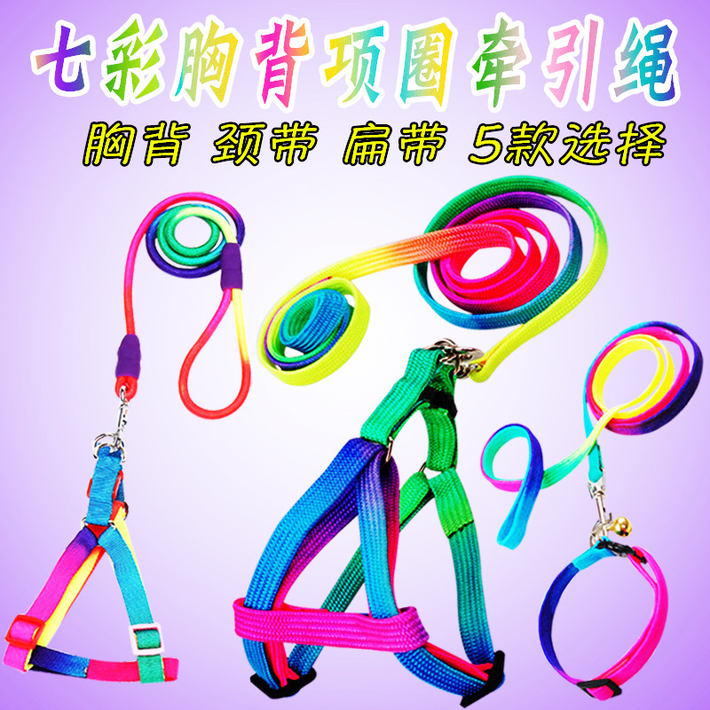 貓咪牽引帶七彩寵物胸背帶 圓形彩虹色貓繩狗鏈 狗狗寵物牽引繩