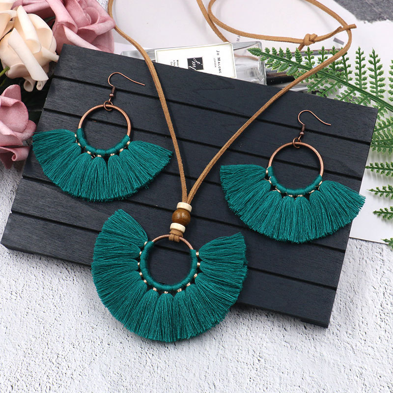 Personalized Fan-Shaped Tassel Earrings Necklace Jewelry Set Fashion Retro Round Jewelry