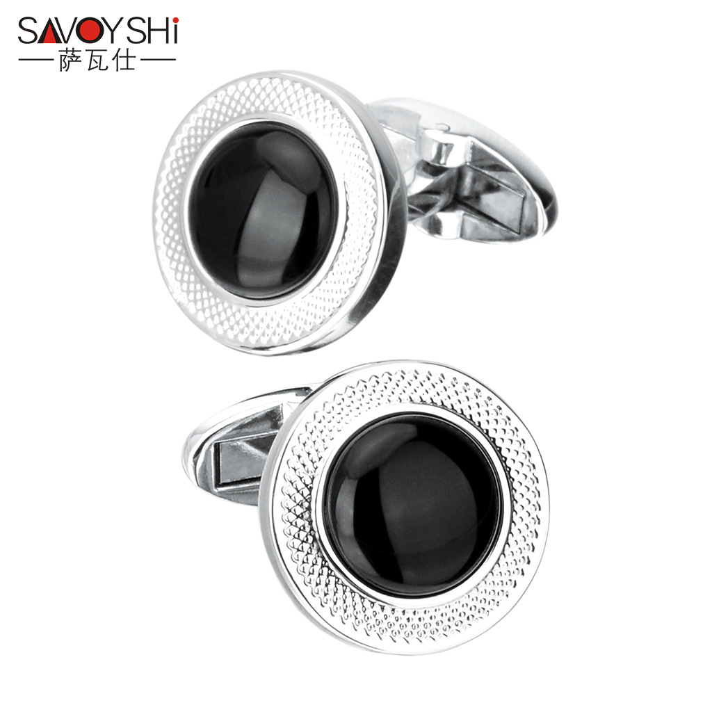 Savas Brand Metal Round Flower Onyx cufflinks for Men's Suit French Shirt cufflinks