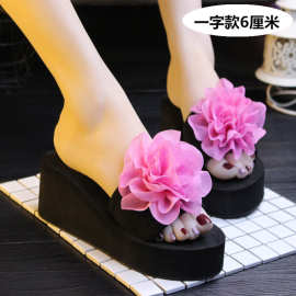 沙滩鞋女夏季拖鞋女外穿韩版花朵高跟一字拖女厚底坡跟防滑凉拖鞋