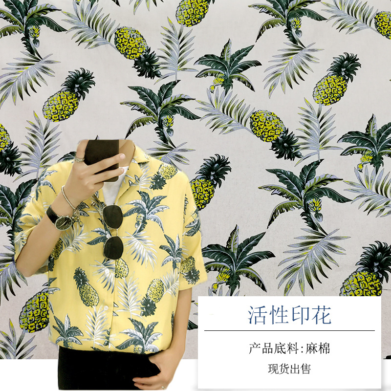 Japan and South Korea personality Poplin pineapple Broken flowers Cotton and hemp Calico Children's clothing Dress cloth Woven printing Fabric