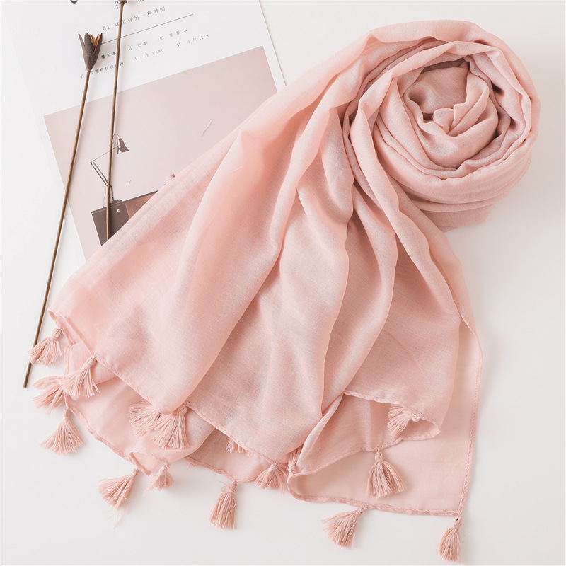 Solid Color Nude Powder Shiny Tassel Cotton Linen Scarf Shawl Long Scarf Silk Sunscreen Shawl display picture 11