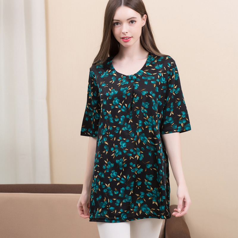 Silk T Shirt for Women Printed Round Neck Short Sleeve Loose Fit Plus Size Summer Top for Moms Wholesale