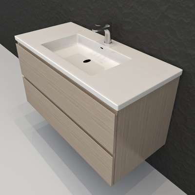 定制代加工外贸卫生间悬挂式陶瓷洗手台 板式贴橡木皮浴室柜生产|ms